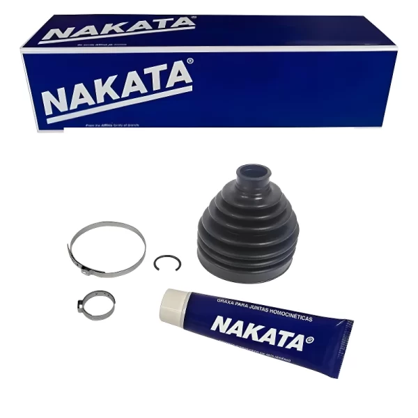 Conteúdo do KIT COIFA HOMOCINÉTICA NAKATA incluindo coifa, abraçadeiras, anel e graxa automotiva