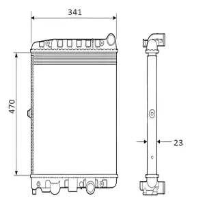 RADIADOR GOL PARATI — diagrama técnico VALEO 6TA088A 470×341×23 mm, SEM AR, transmissão manual