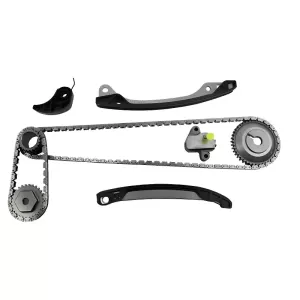 KIT DISTRIBUIÇÃO VERSA MARCH – visão do layout das correntes com guias, tensor e engrenagens, mostrando o trajeto do sincronismo