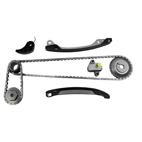 KIT DISTRIBUIÇÃO VERSA MARCH – visão do layout das correntes com guias, tensor e engrenagens, mostrando o trajeto do sincronismo