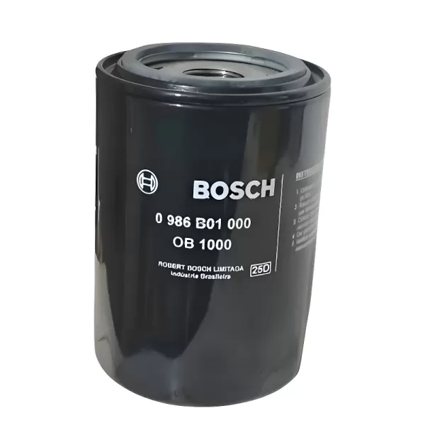 Vista lateral do FILTRO ÓLEO BOSCH 0986B01000, modelo blindado com acabamento preto.