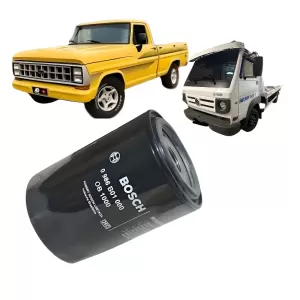 FILTRO ÓLEO BOSCH 0986B01000 ao lado de caminhão Volkswagen e picape Ford F1000 compatíveis.