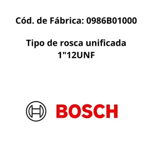Especificações técnicas do FILTRO ÓLEO BOSCH 0986B01000 com código de fábrica e tipo de rosca.