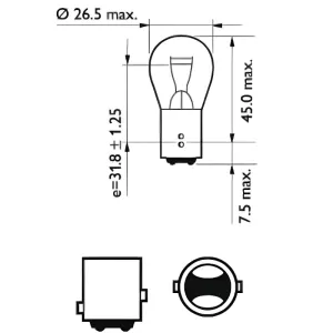 Detalhe da base P21 das 10 LÂMPADAS PHILIPS 12499CP mostrando polos desencontrados.