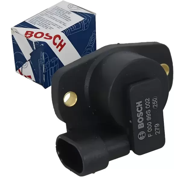 SENSOR BOSCH F00099S002 visto em destaque com embalagem original Bosch ao fundo.