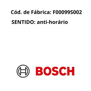 Código técnico e sentido de funcionamento do SENSOR BOSCH F00099S002 em apresentação gráfica.