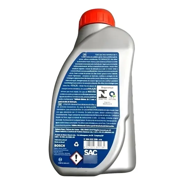 Frente do FLUIDO FREIO BOSCH 204032339 DOT 4 500ml com rótulo azul e tampa vermelha.