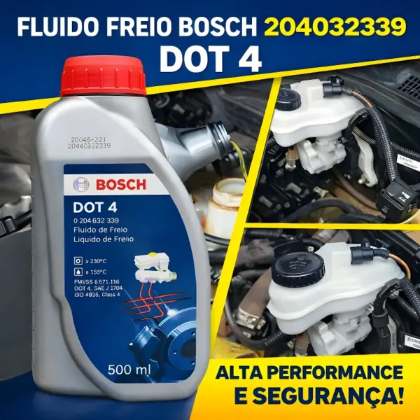 Montagem promocional do FLUIDO FREIO BOSCH 204032339 com imagens do reservatório de freio no motor.