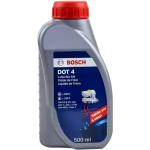 Frasco do FLUIDO FREIO BOSCH 204032339 DOT 4 500ml em destaque para anúncio automotivo.