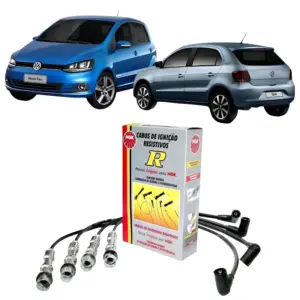 Aplicação dos CABOS VELA NGK STV25 ilustrada com veículos VW Gol e Fox junto à embalagem NGK.