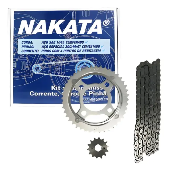 KIT TRANSMISSÃO NAKATA TM10125 completo com coroa, pinhão e corrente.