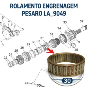 ROLAMENTO ENGRENAGEM PESARO LA_9049 – aplicação no conjunto da transmissão, identificado como peça 30 no diagrama
