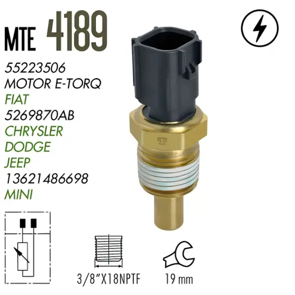 SENSOR TEMPERATURA MTE 4189 para motor FIAT E-TORQ com rosca 3/8”x18 NPTF e 2 terminais