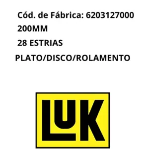 ALT: KITE EMBREAGEM LUK 6203127000 especificações técnicas 200mm 28 estrias prato disco rolamento.