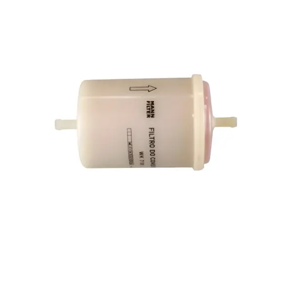 FILTRO COMBUSTÍVEL MANN WK48/1 detalhe do corpo do filtro com seta de fluxo e informações do produto.