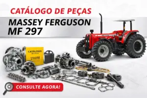 CATÁLOGO MF 297 com trator Massey Ferguson vermelho e peças automotivas em destaque para consulta de componentes e manutenção