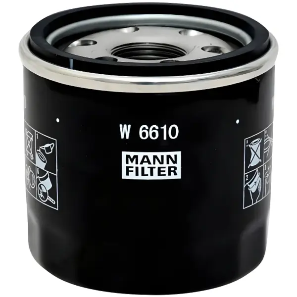 FILTRO ÓLEO MANN W6610 visto em perspectiva frontal com acabamento blindado preto