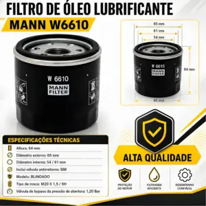 FILTRO ÓLEO MANN W6610 em arte de anúncio com especificações técnicas e medidas