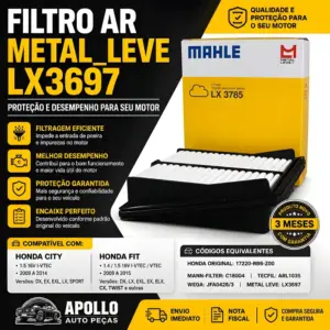 FILTRO AR METAL_LEVE LX3697 compatível com Honda City 1.5 e Fit 1.4 1.5