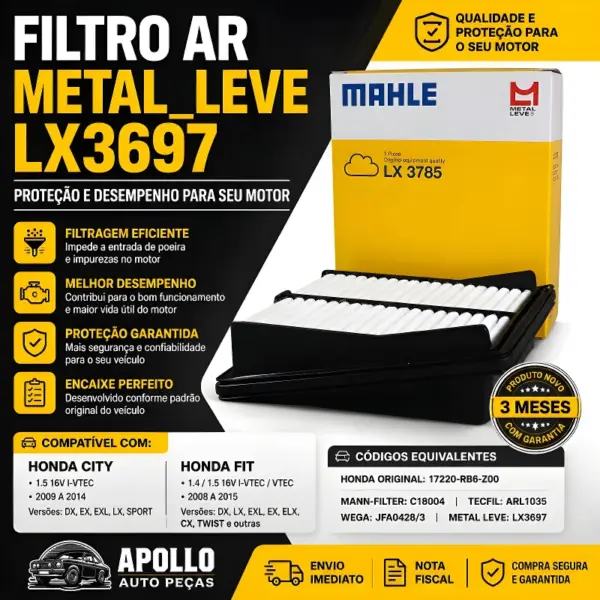 FILTRO AR METAL_LEVE LX3697 compatível com Honda City 1.5 e Fit 1.4 1.5