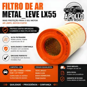 FILTRO AR METAL_LEVE LX55 compatível com Fiat Uno Fiorino Prêmio e Elba