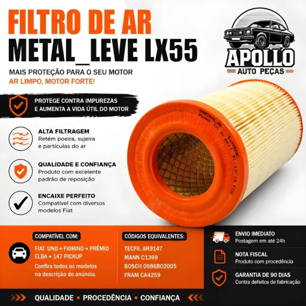 FILTRO AR METAL_LEVE LX55 compatível com Fiat Uno Fiorino Prêmio e Elba
