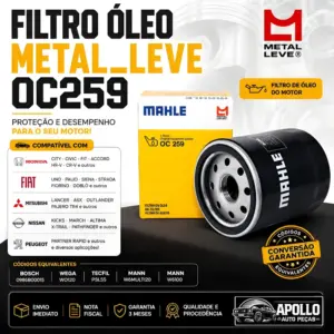 FILTRO ÓLEO METAL_LEVE OC259 equivalente Bosch 0986B00015 Wega WO120 Tecfil PSL55