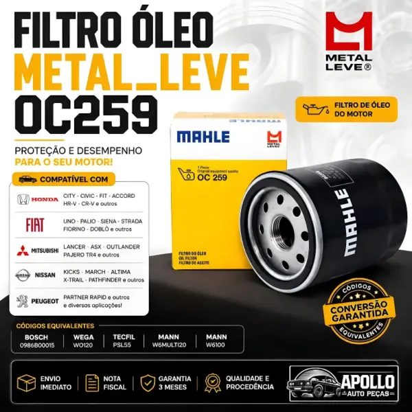 FILTRO ÓLEO METAL_LEVE OC259 equivalente Bosch 0986B00015 Wega WO120 Tecfil PSL55