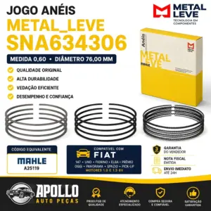 JOGO ANÉIS METAL_LEVE SNA634306 compatível com Fiat 147, Uno, Fiorino e Elba