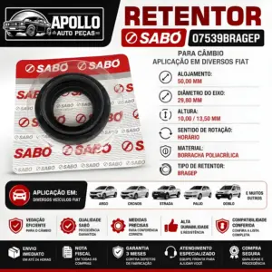 RETENTOR SABÓ 07539BRAGEP com aplicações em veículos Fiat e principais características técnicas.
