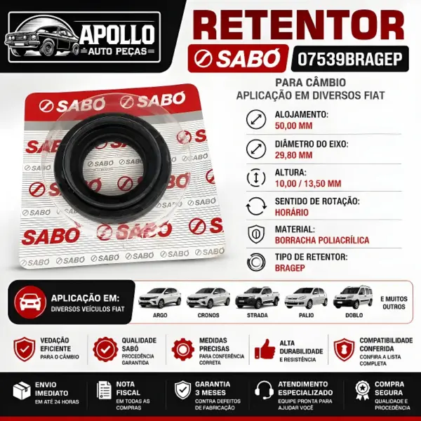 RETENTOR SABÓ 07539BRAGEP com aplicações em veículos Fiat e principais características técnicas.